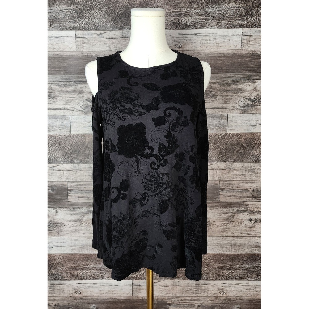Bobeau Black Burnout Velvet Floral Cold Shoulder Long Sleeve Top Medium